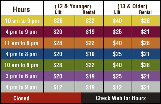 SkiBoard Rates 2018-19
